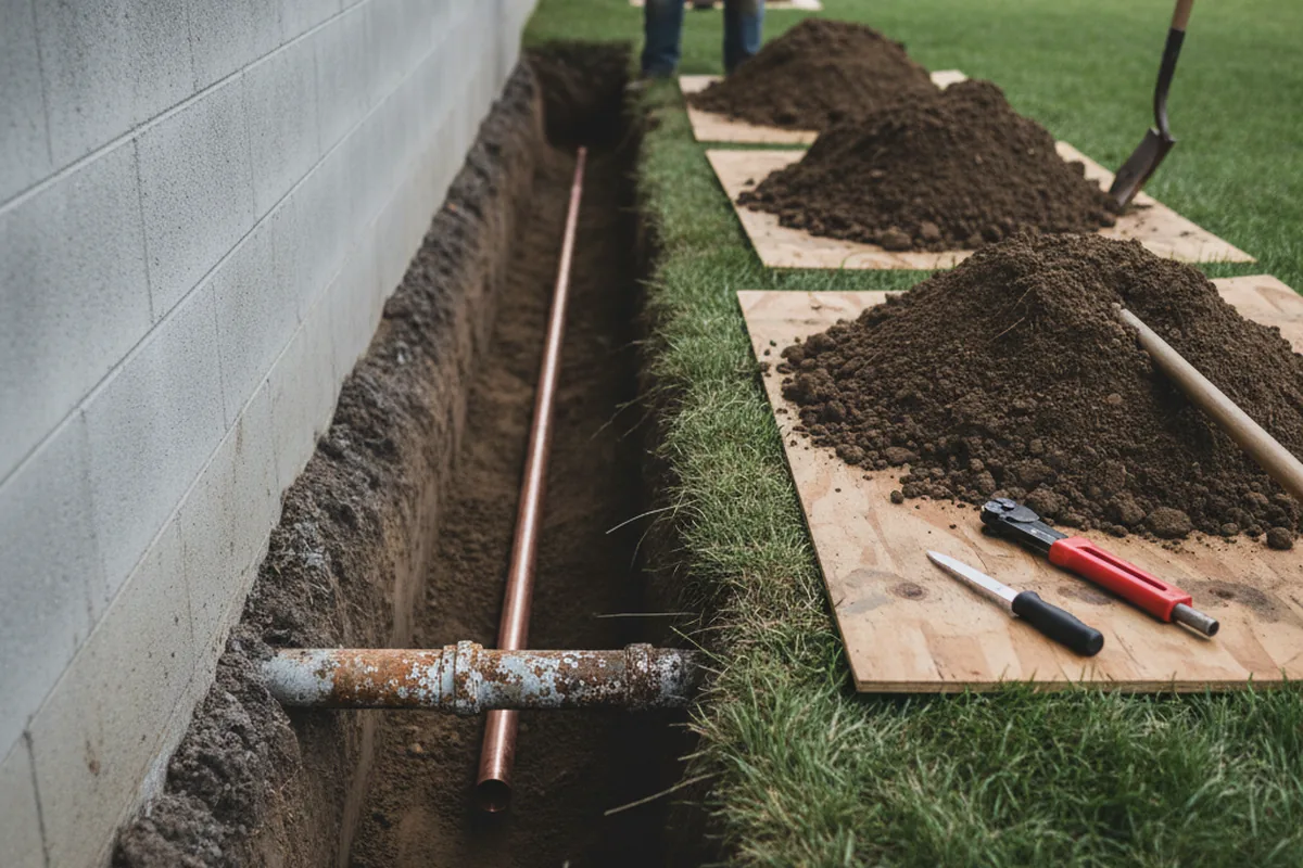 Excavated water line trench during Sewer Line Repair in Frazeysburg